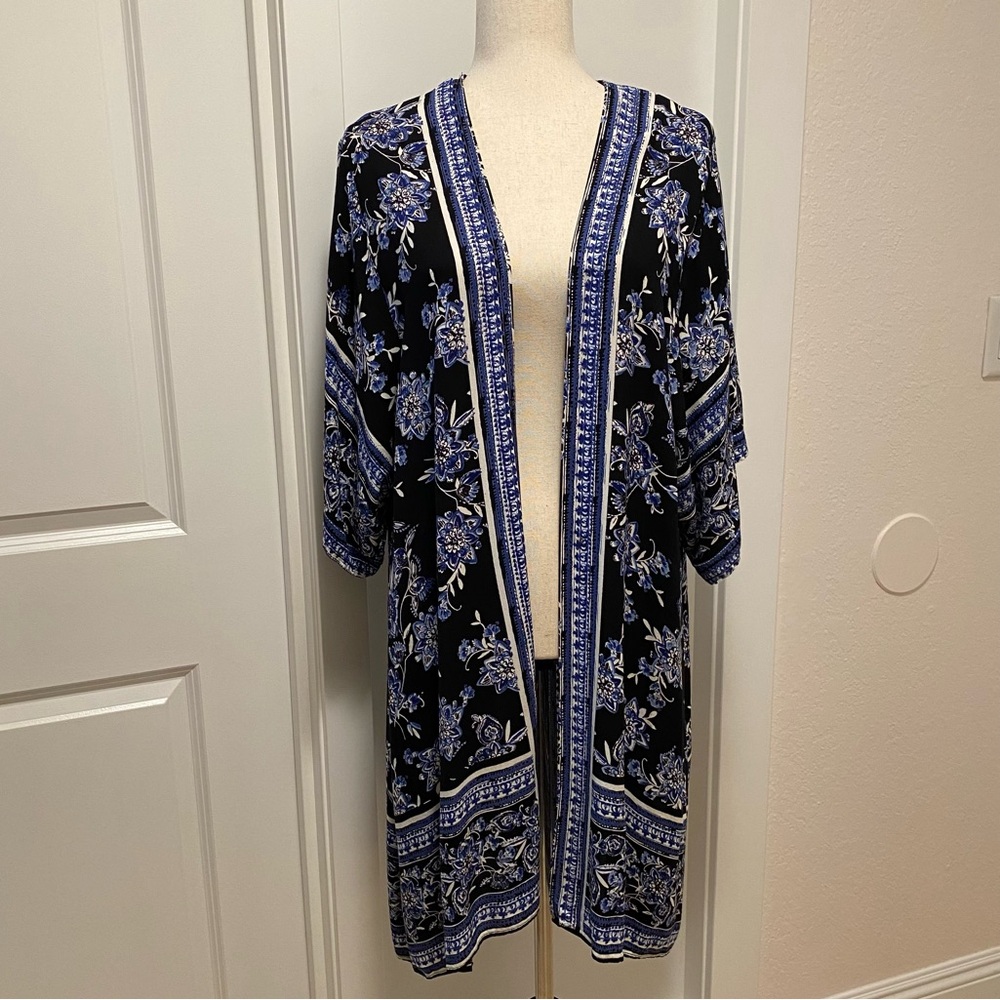 Angie Kimono Long Length Duster Maxi Open Front Cardigan Blue Black White Flowy